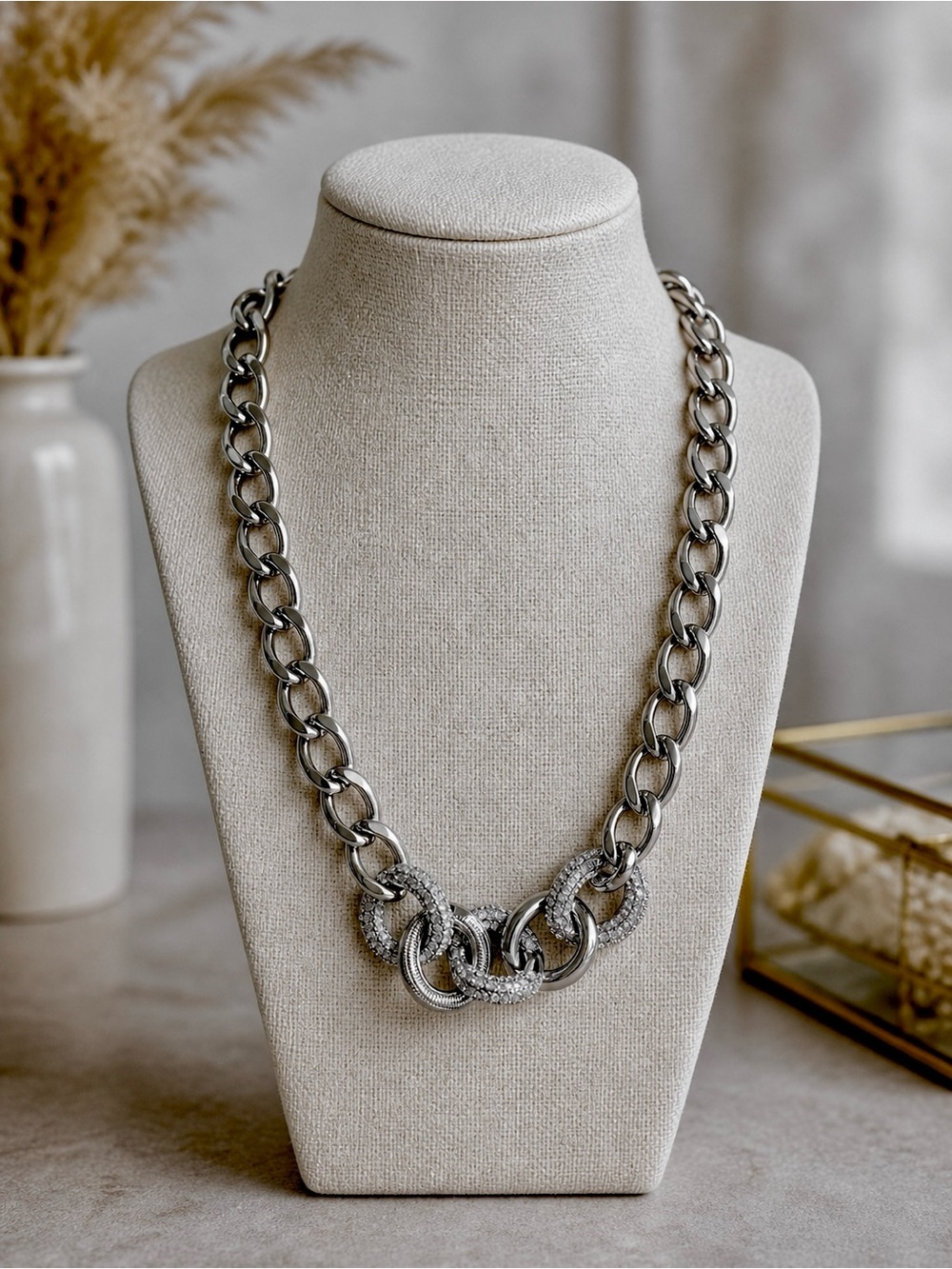 Chunky Silver Tone Chain Necklace Rhinestone Accent Lobster Clasp Statement 9.5"